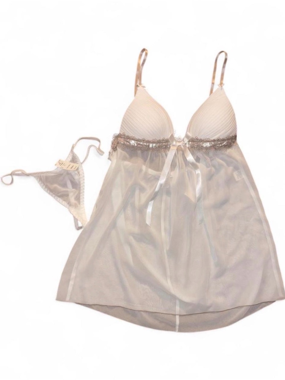 Linea Donatella Sheer Cream Mesh Chemise with Lace and Satin Trim